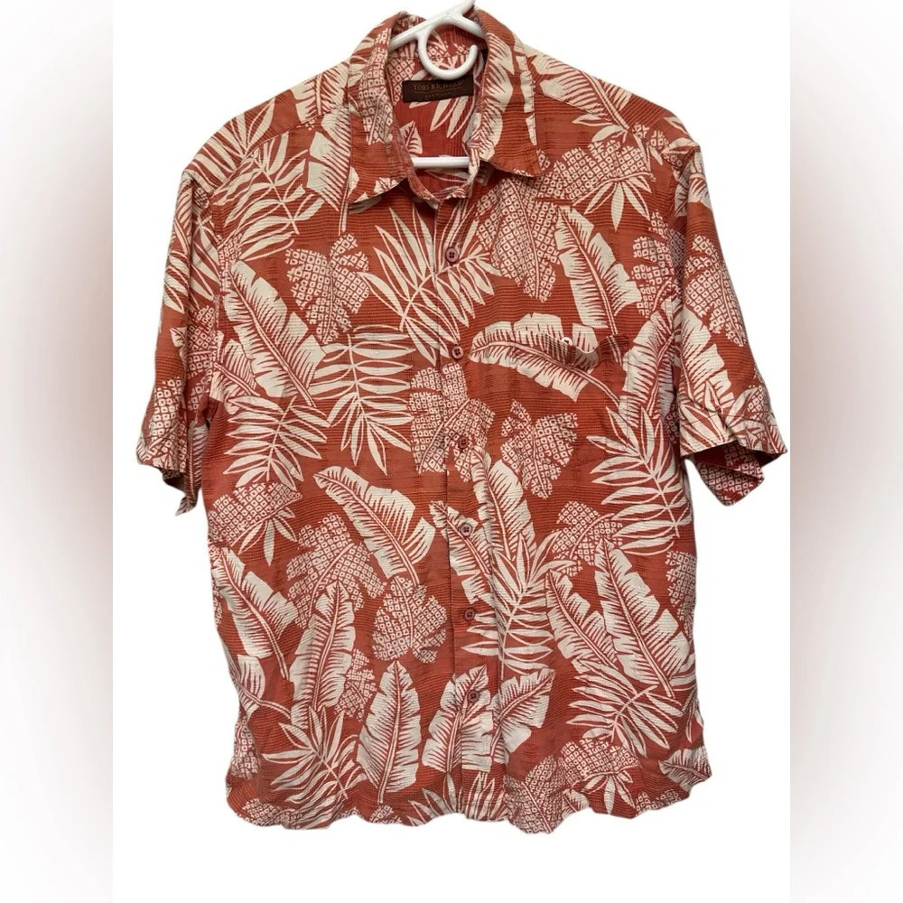 Tori Richard Honolulu orange and white Hawaiian tropical print sill blend shirt